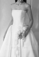 3D Floral Strapless Satin Court Train Princess Wedding Dresses