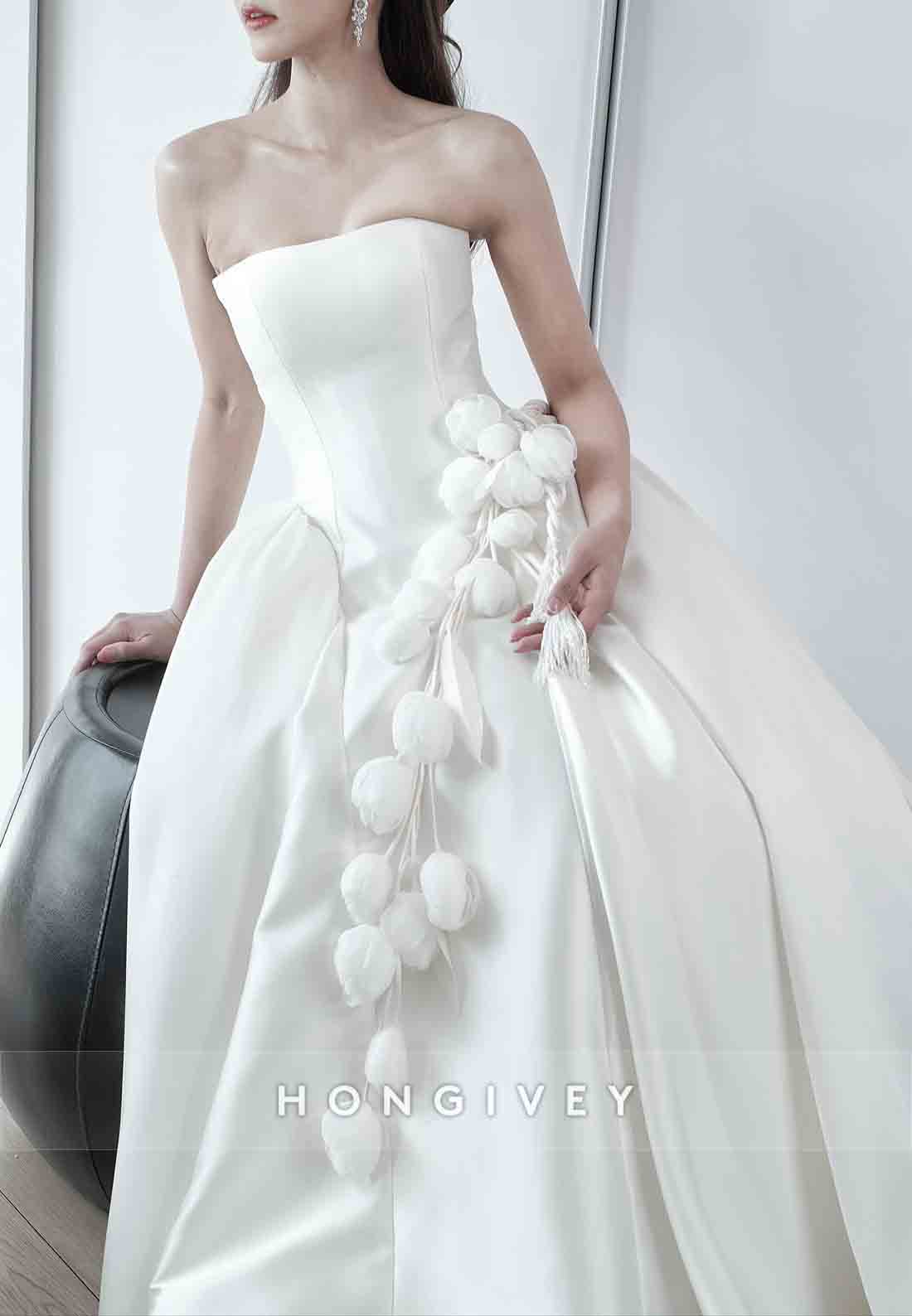 3D Floral Strapless Satin Court Train Princess Wedding Dresses