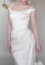 Simple Off the Shoulder Satin Court Train Pleated Mermaid Wedding Dresses