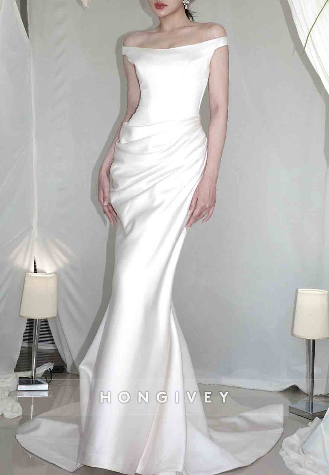 Simple Off the Shoulder Satin Court Train Pleated Mermaid Wedding Dresses