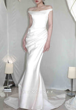 Simple Off the Shoulder Satin Court Train Pleated Mermaid Wedding Dresses