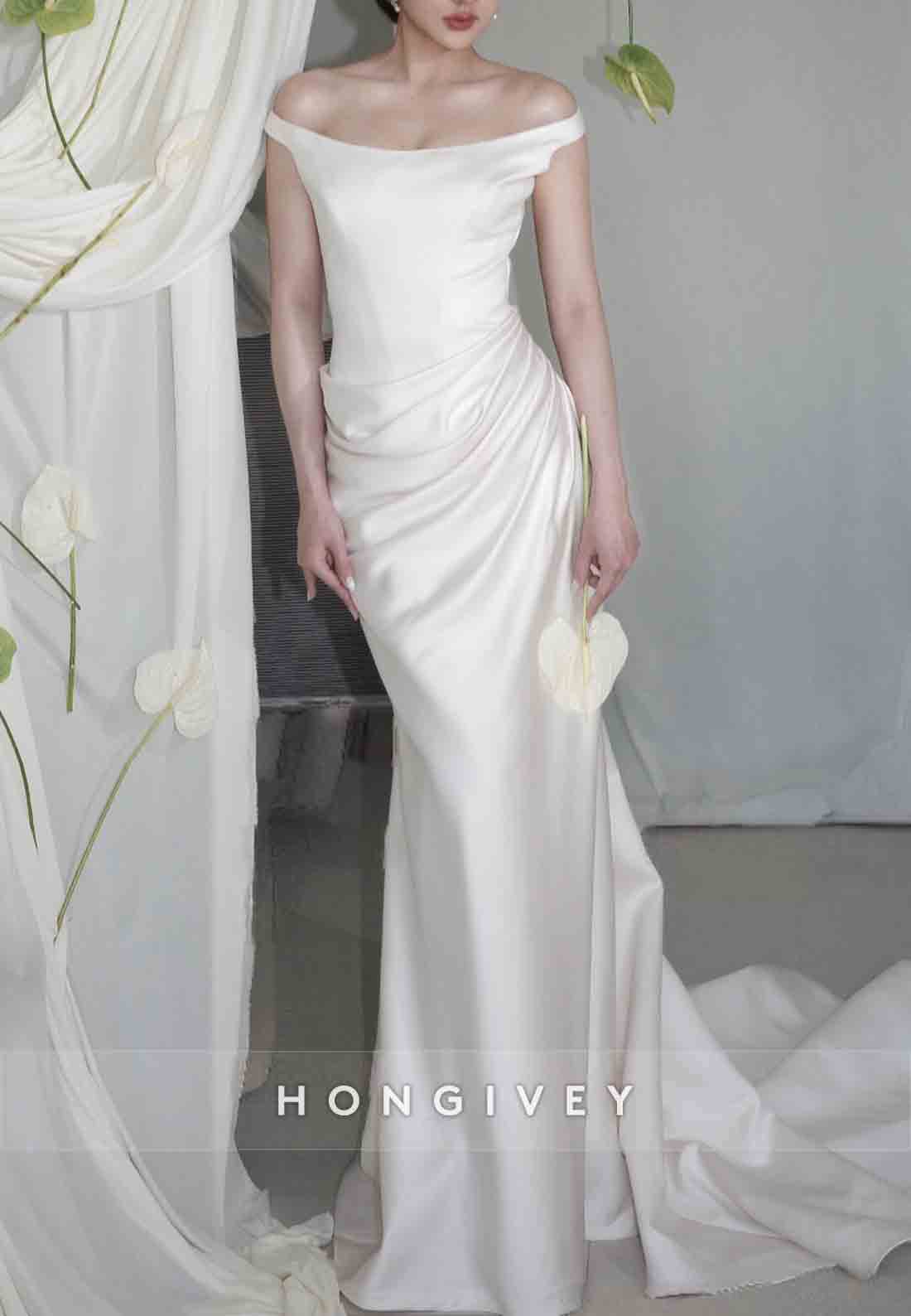 Simple Off the Shoulder Satin Court Train Pleated Mermaid Wedding Dresses