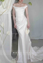 Simple Off the Shoulder Satin Court Train Pleated Mermaid Wedding Dresses