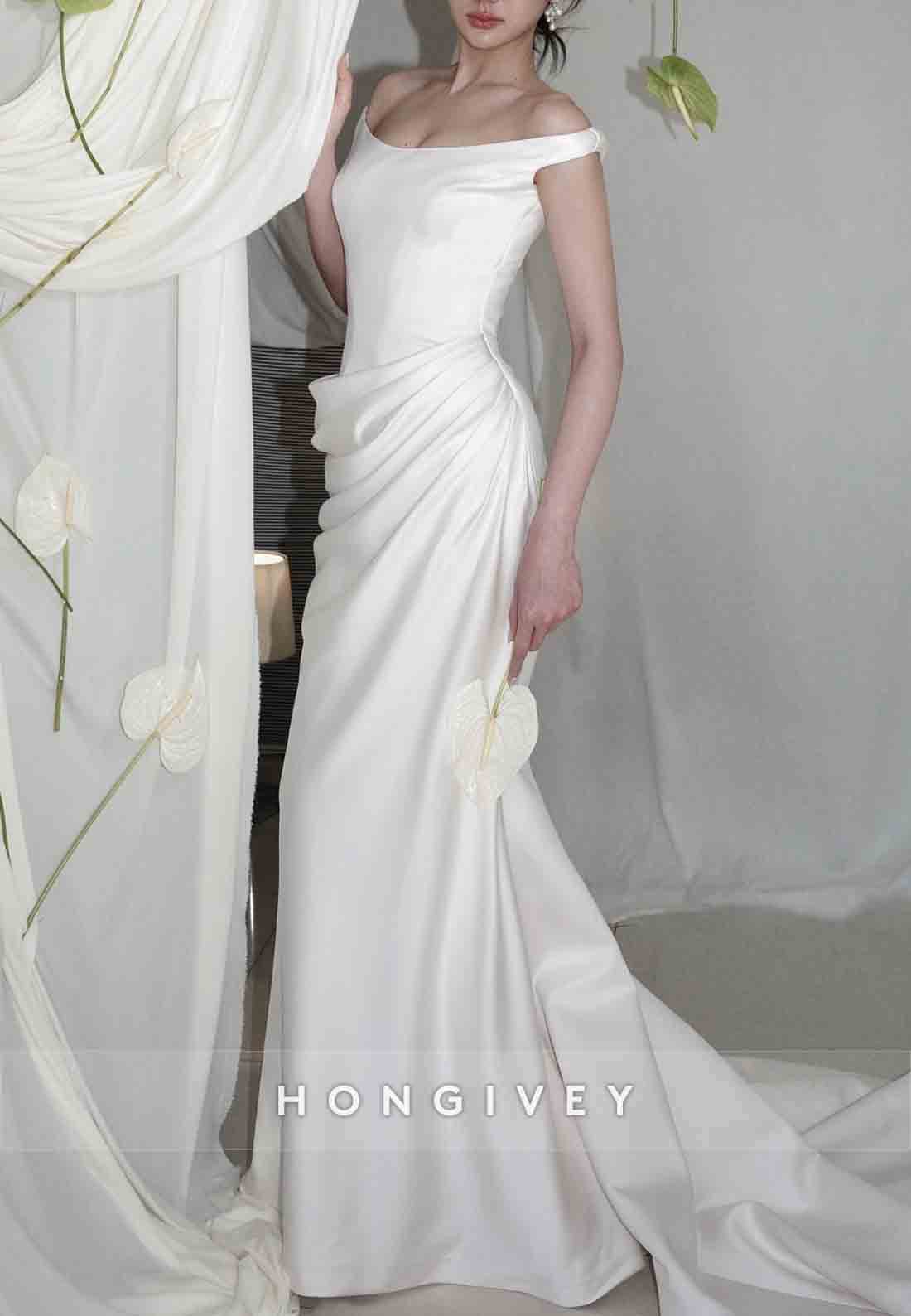 Simple Off the Shoulder Satin Court Train Pleated Mermaid Wedding Dresses