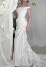 Simple Off the Shoulder Satin Court Train Pleated Mermaid Wedding Dresses