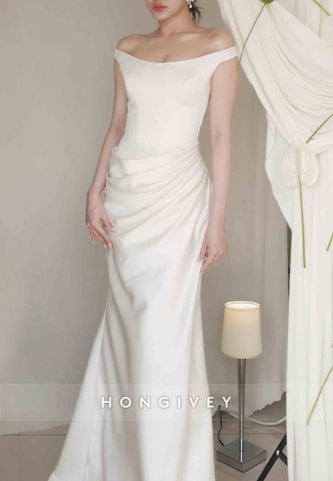 Simple Off the Shoulder Satin Court Train Pleated Mermaid Wedding Dresses