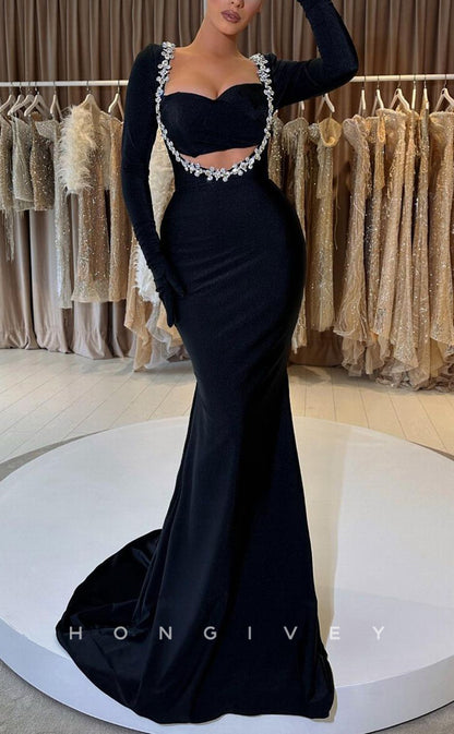 L2312 - Sexy Satin Trumpet Sweetheart Empire Long Sleeves Ruched Beaded With Train Party Prom Evening Dress