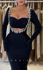 L2312 - Sexy Satin Trumpet Sweetheart Empire Long Sleeves Ruched Beaded With Train Party Prom Evening Dress