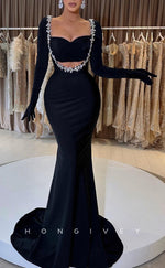 L2312 - Sexy Satin Trumpet Sweetheart Empire Long Sleeves Ruched Beaded With Train Party Prom Evening Dress