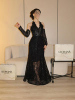 Halter Detachable Lace Sequins Long Sleeve Sparkle Mermaid Evening Dress