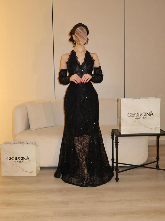 Halter Detachable Lace Sequins Long Sleeve Sparkle Mermaid Evening Dress