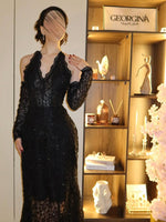 Halter Detachable Lace Sequins Long Sleeve Sparkle Mermaid Evening Dress