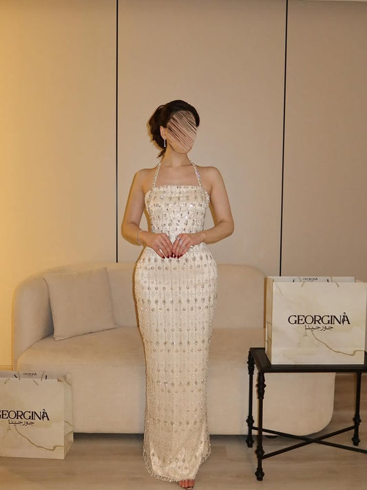 Luxury Beaded Halter Sleeveless Mermaid Sparkle Floor-Length Evening Dress