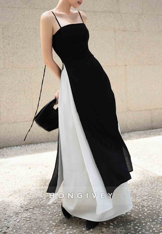 Spaghetti Straps Sleeveless Simple black and white Floor-Length Evening Gowns