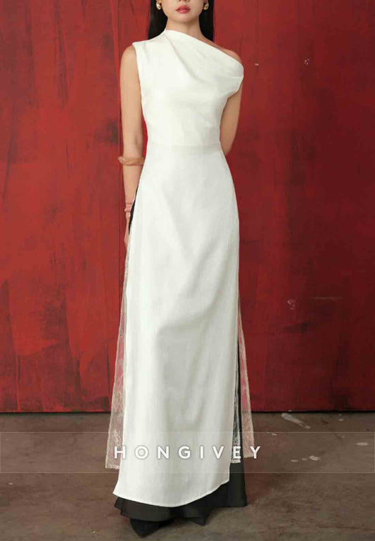 One Shoulder Simple Floor-Length Sleeveless Lace Pleated Evening Gowns