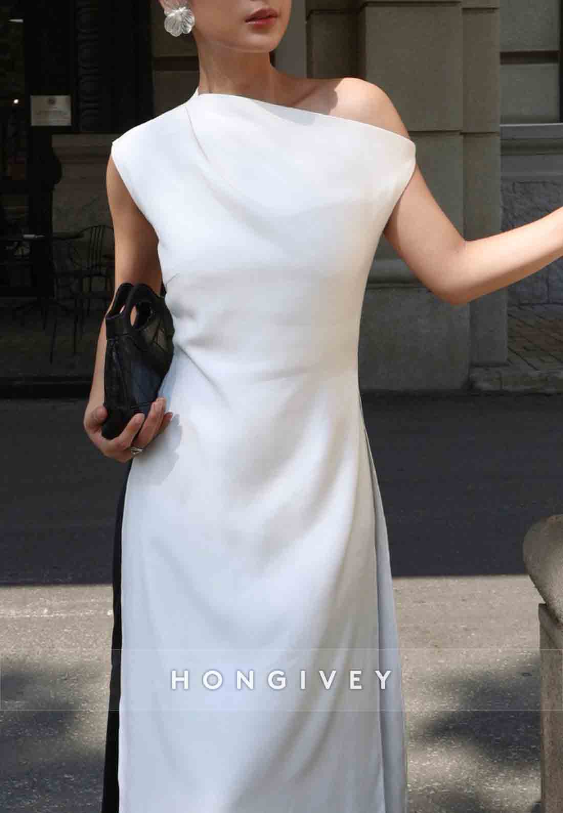 One Shoulder Ankle-Length Simple Sleeveless Pleated Lace Evening Gowns