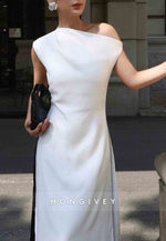 One Shoulder Ankle-Length Simple Sleeveless Pleated Lace Evening Gowns