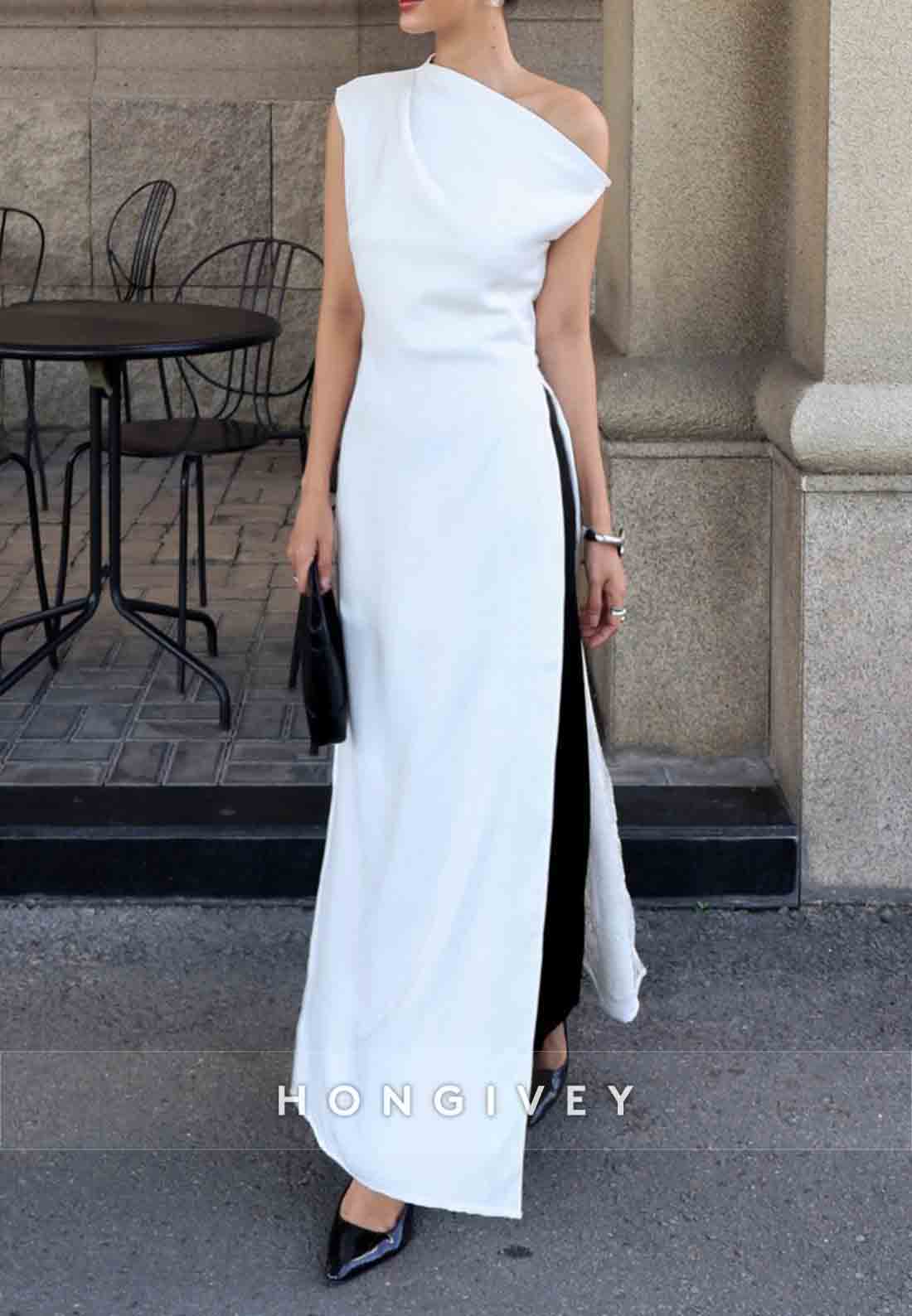 One Shoulder Ankle-Length Simple Sleeveless Pleated Lace Evening Gowns