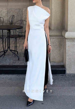 One Shoulder Ankle-Length Simple Sleeveless Pleated Lace Evening Gowns