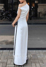 One Shoulder Ankle-Length Simple Sleeveless Pleated Lace Evening Gowns