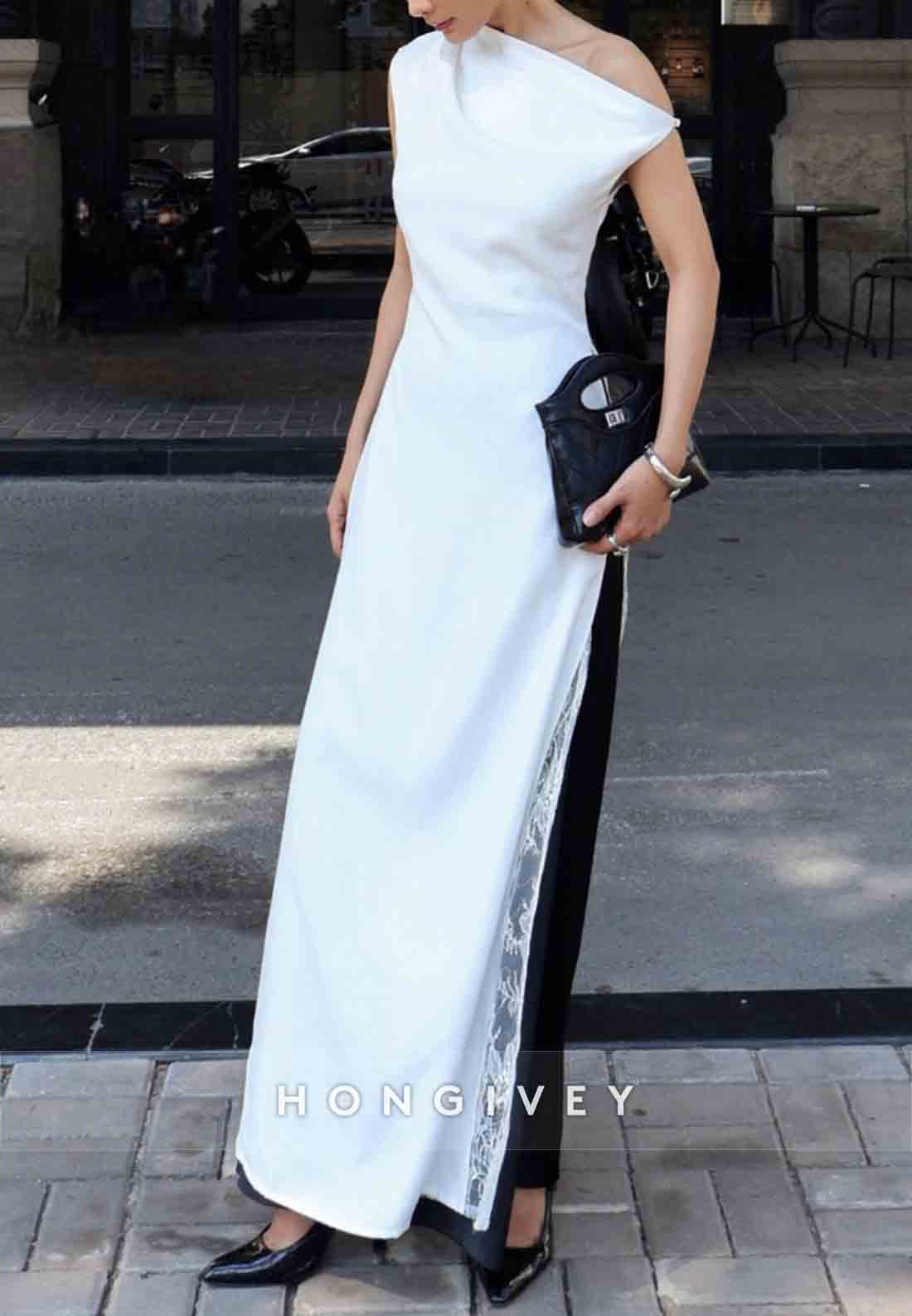 One Shoulder Ankle-Length Simple Sleeveless Pleated Lace Evening Gowns