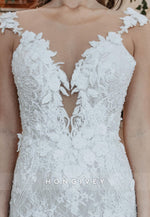 Trumpet Court Train Lace Keyhole Wedding Dresses with Appliques and Pearls