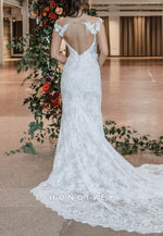 Trumpet Court Train Lace Keyhole Wedding Dresses with Appliques and Pearls