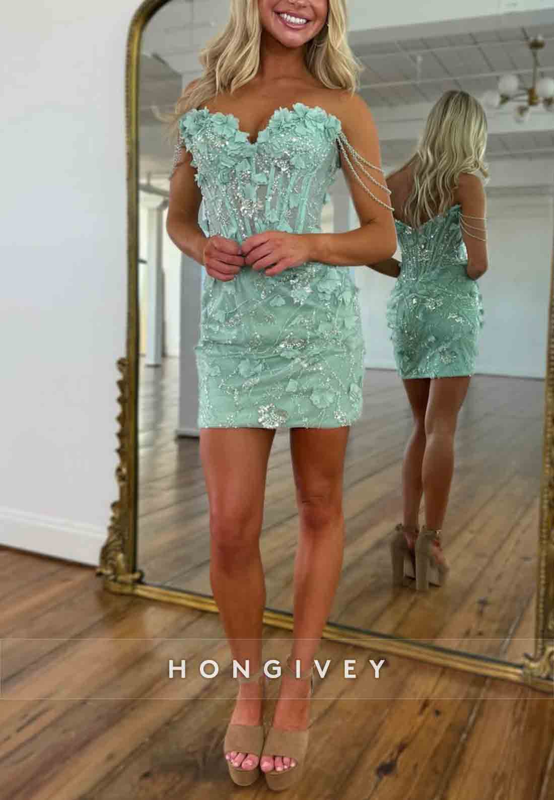 Sweetheart Flowers Embroidery Low Back Sheath Mini Homecoming Dresses