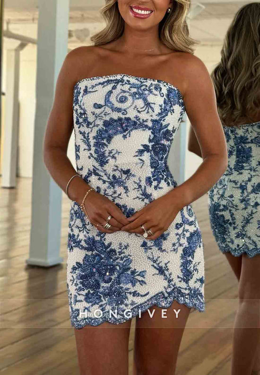 Flowers Strapless Embroidery Sleeveless Beading Mini Homecoming Dresses