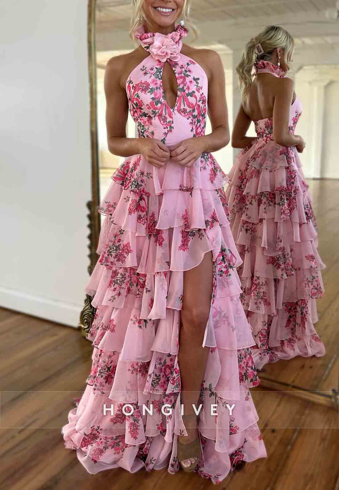 Halter Floor-Length Floral Print Side Slit Prom Dresses with Keyhole Neck