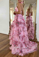 Halter Floor-Length Floral Print Side Slit Prom Dresses with Keyhole Neck