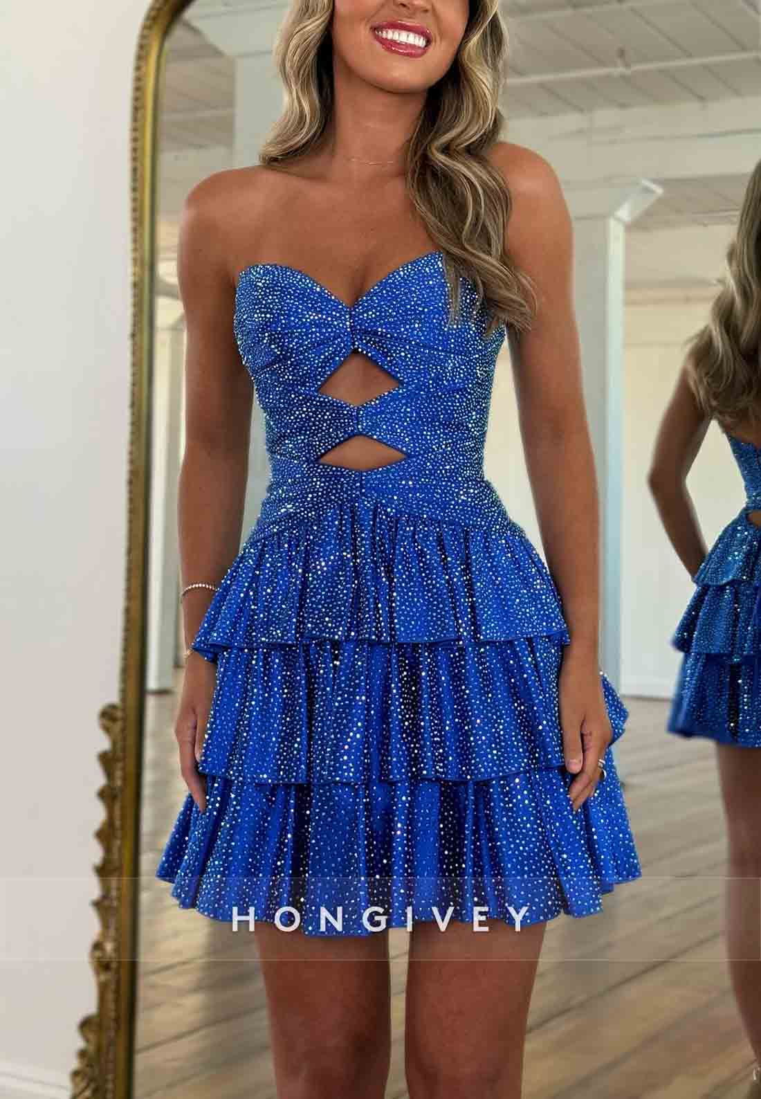 Crisscross Back Sweetheart Glitter Ruched Strapless Short Homecoming Dresses