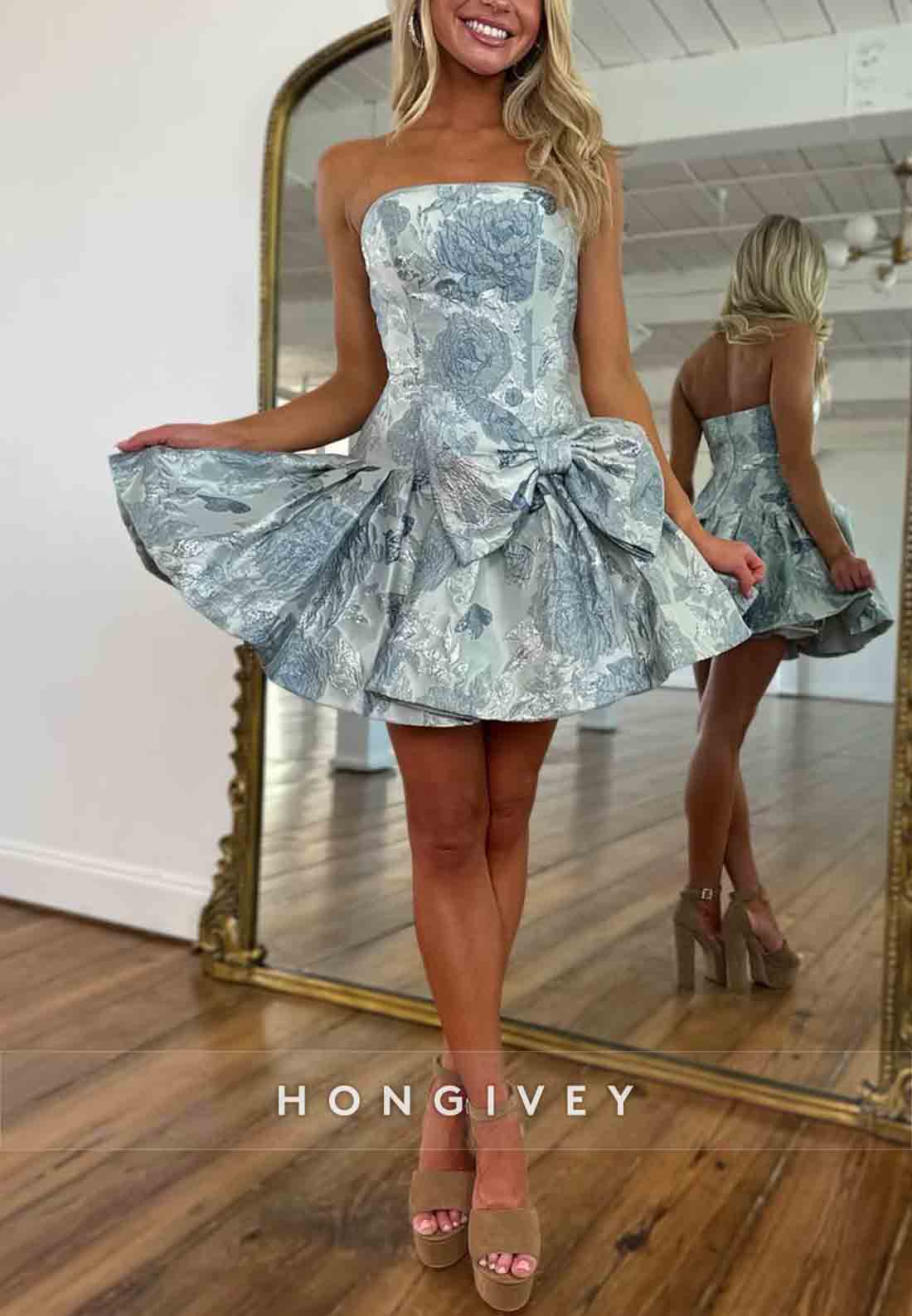 Strapless Floral Print Bowknot Sleeveless Ball Gown Pleated Short Homecoming Dresses