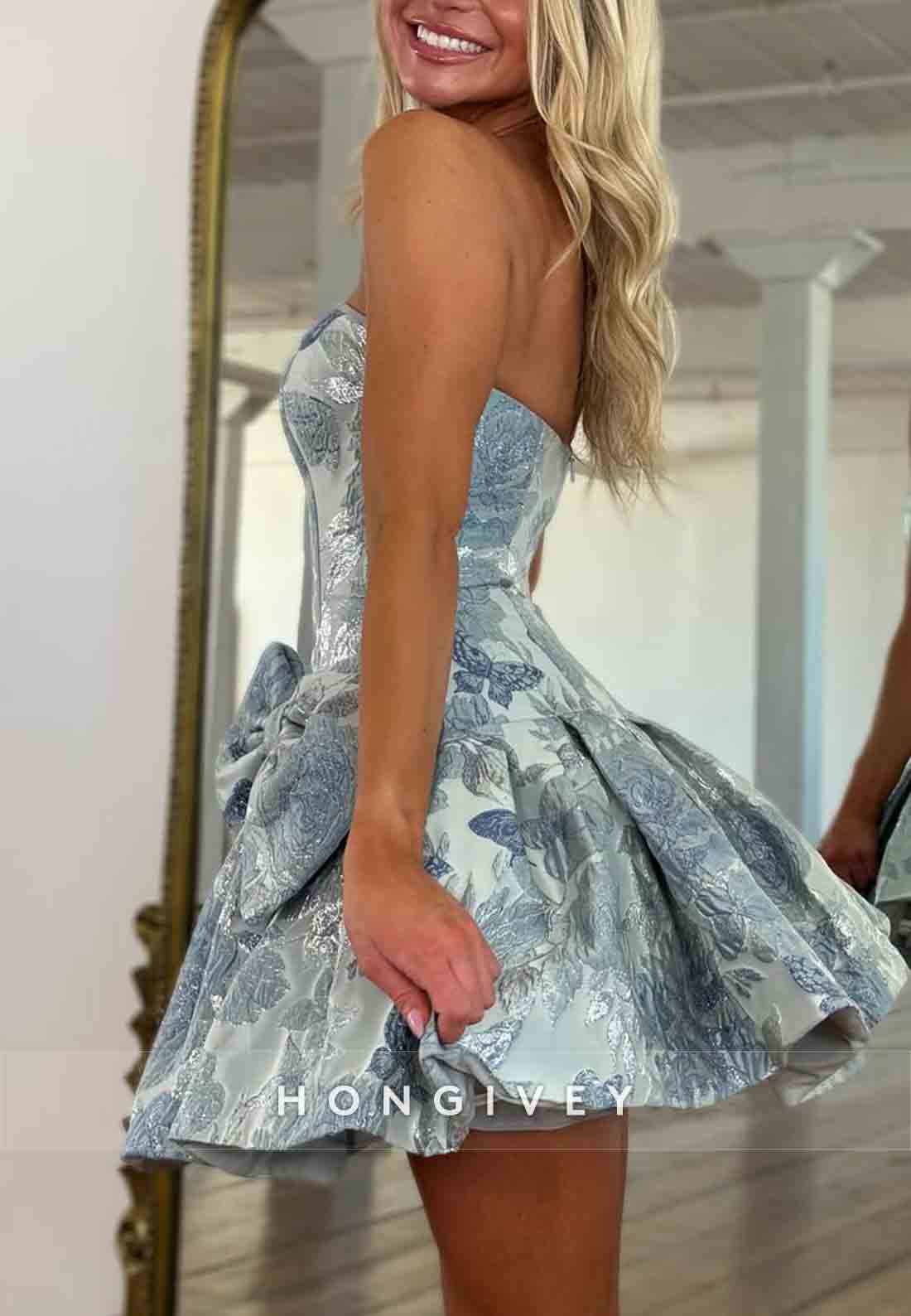 Strapless Floral Print Bowknot Sleeveless Ball Gown Pleated Short Homecoming Dresses