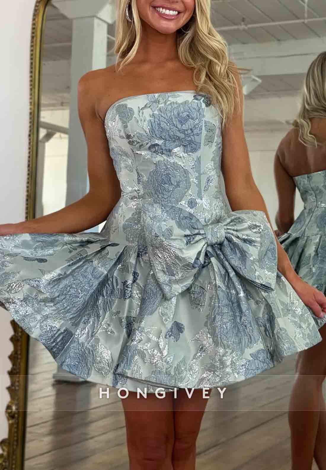 Strapless Floral Print Bowknot Sleeveless Ball Gown Pleated Short Homecoming Dresses