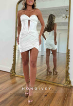 Strapless Sweetheart Pleated Satin Short Homecoming Dress with Keyhole