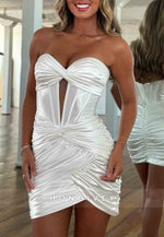 Strapless Sweetheart Pleated Satin Short Homecoming Dress with Keyhole