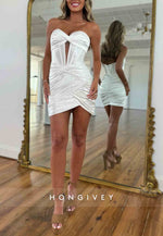 Strapless Sweetheart Pleated Satin Short Homecoming Dress with Keyhole