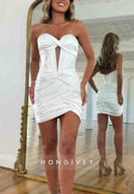 Strapless Sweetheart Pleated Satin Short Homecoming Dress with Keyhole