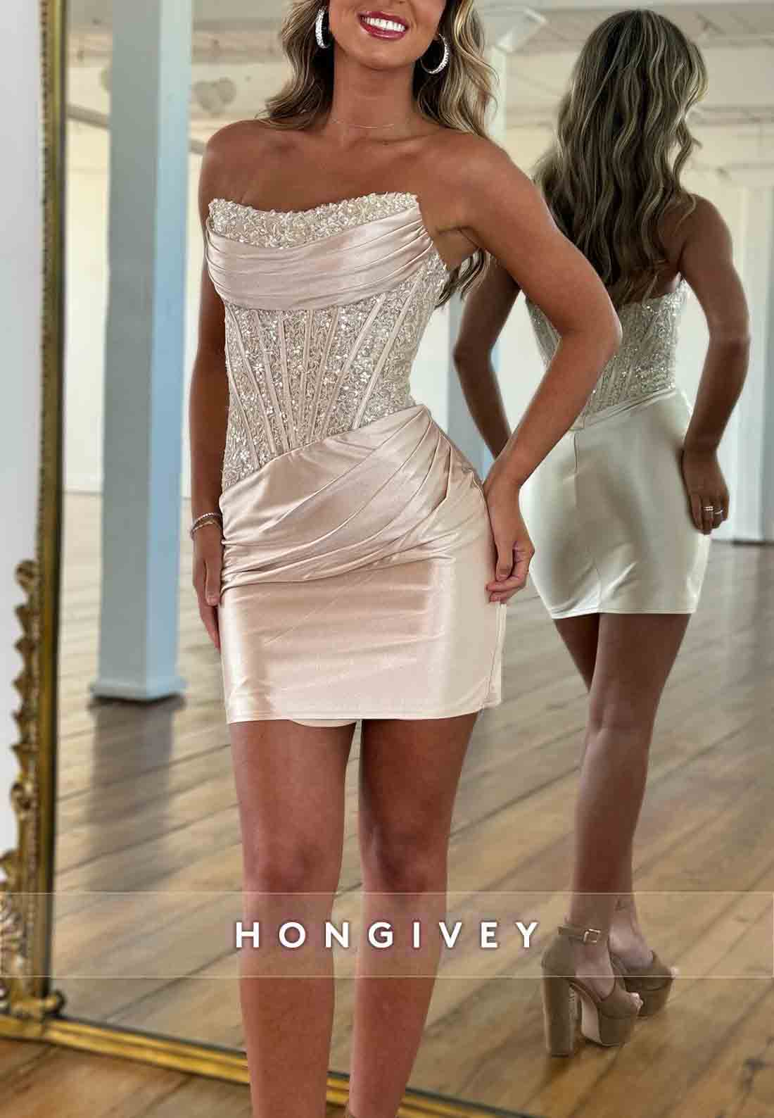 Gorgeous Strapless Sheath Satin Mini Homecoming Dress with Beading Corset