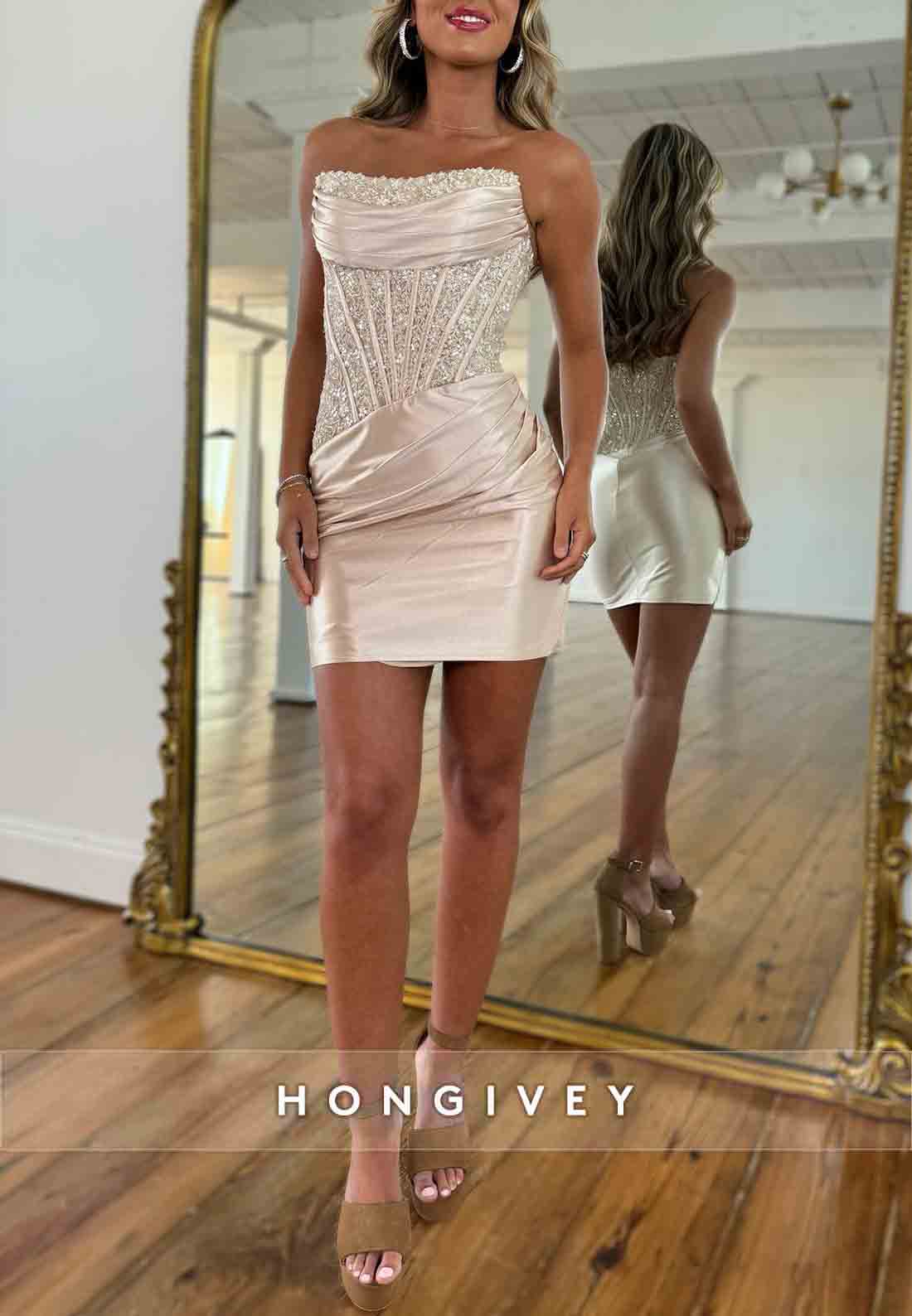 Gorgeous Strapless Sheath Satin Mini Homecoming Dress with Beading Corset