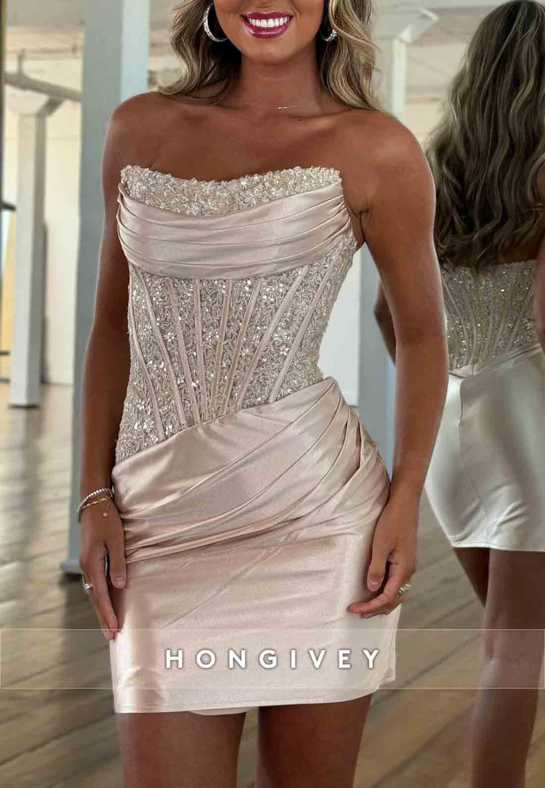 Gorgeous Strapless Sheath Satin Mini Homecoming Dress with Beading Corset