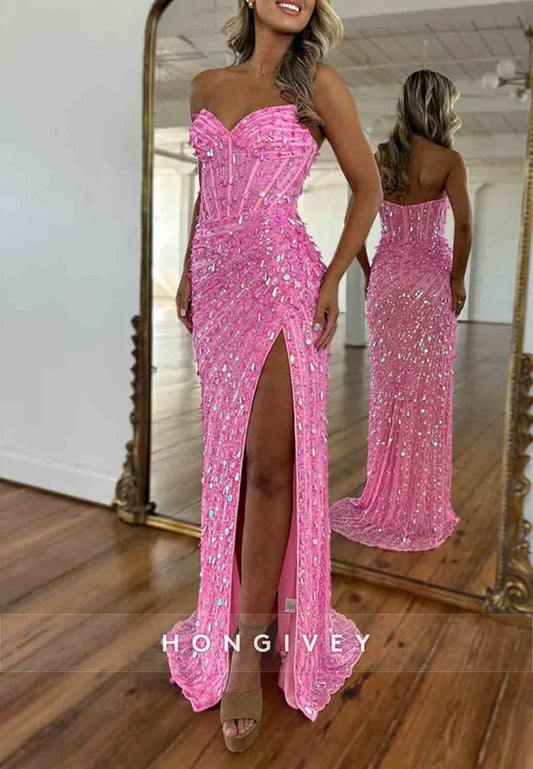 Pink Sweetheart Low Back Strapless High Slit Sequined Column Prom Dresses