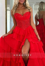 Strapless Sweetheart A-Line Side Slit Empire Prom Dresses with Ruffles
