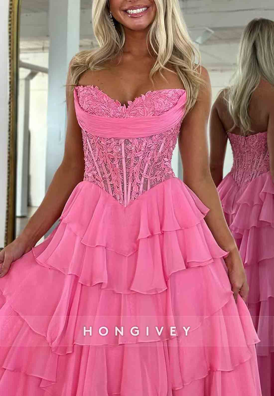 Strapless Sweetheart A-Line Side Slit Empire Prom Dresses with Ruffles