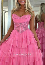 Strapless Sweetheart A-Line Side Slit Empire Prom Dresses with Ruffles