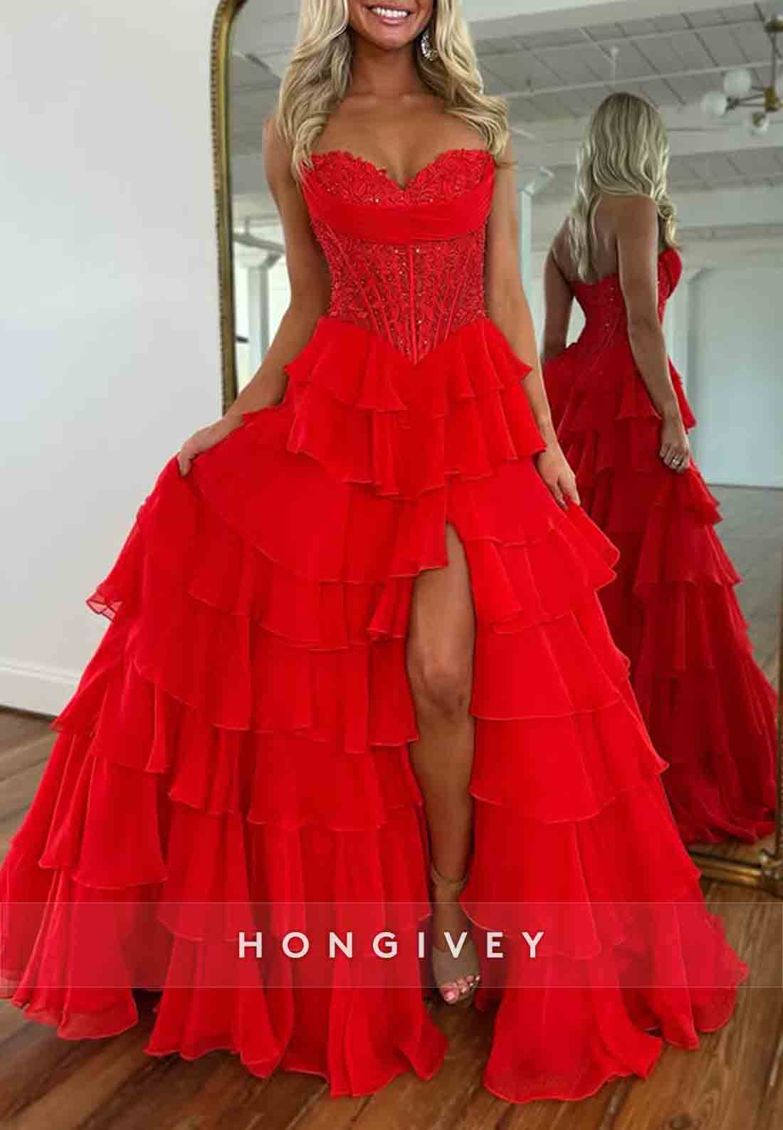 Strapless Sweetheart A-Line Side Slit Empire Prom Dresses with Ruffles