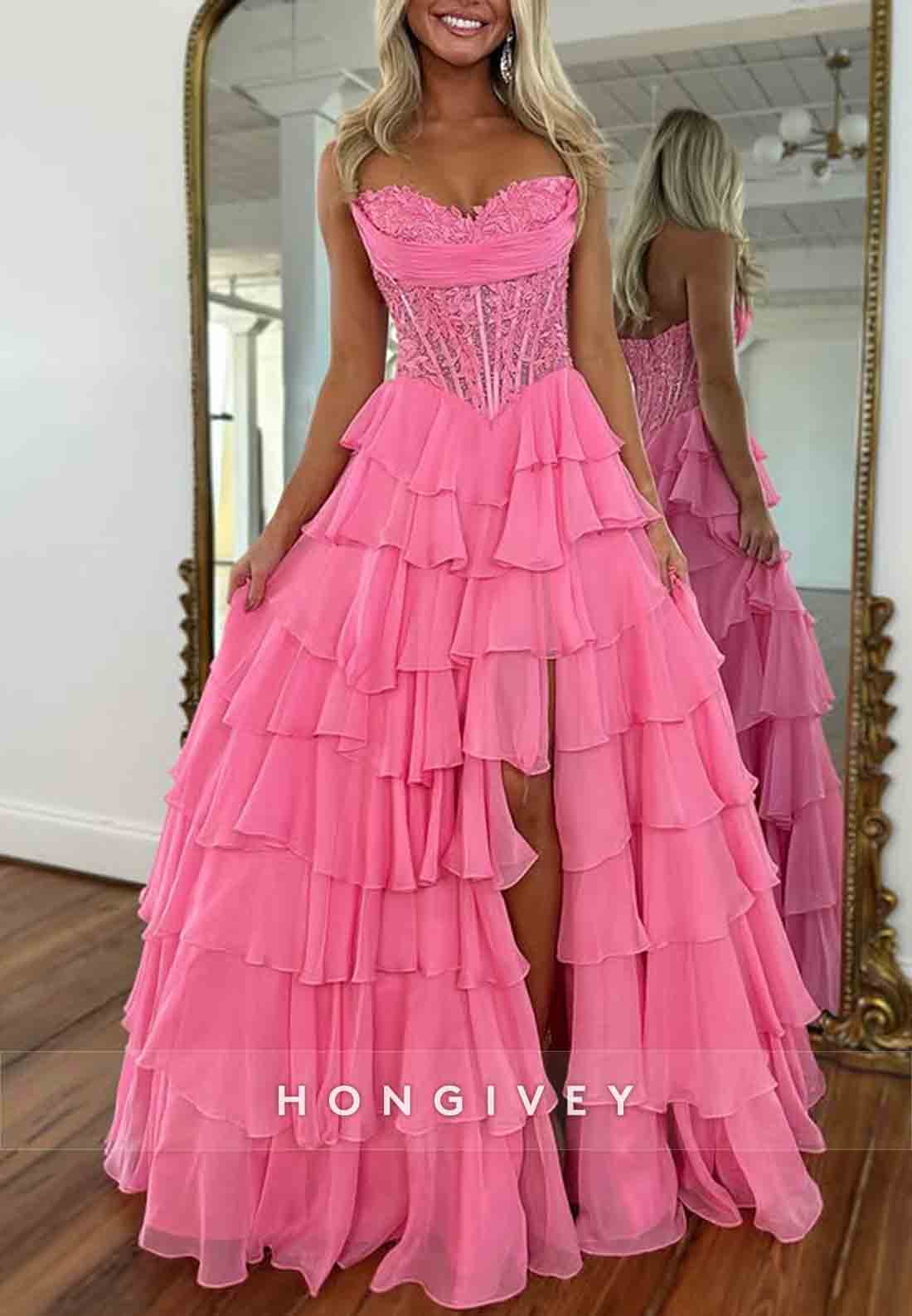 Strapless Sweetheart A-Line Side Slit Empire Prom Dresses with Ruffles