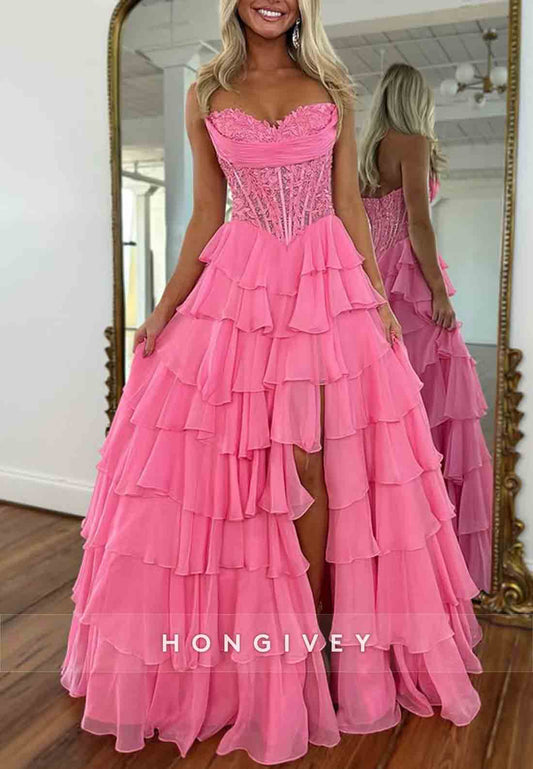 Strapless Sweetheart A-Line Side Slit Empire Prom Dresses with Ruffles