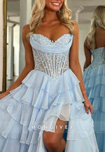 Strapless Sweetheart A-Line Side Slit Empire Prom Dresses with Ruffles